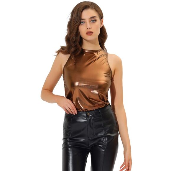 Allegra K Tops - Party Shiny Sleeveless Camisole Club Shimmer Metallic Tank Top Brown